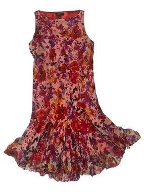 Ralph Lauren Vintage Red Floral 100% Silk Slip Midi Dress size 14